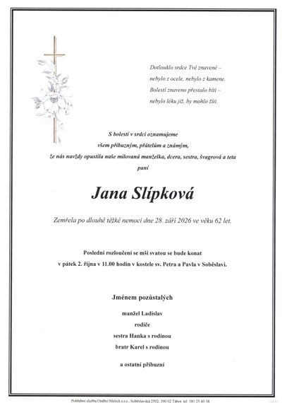 Smuteční oznámení – Jana Slípková