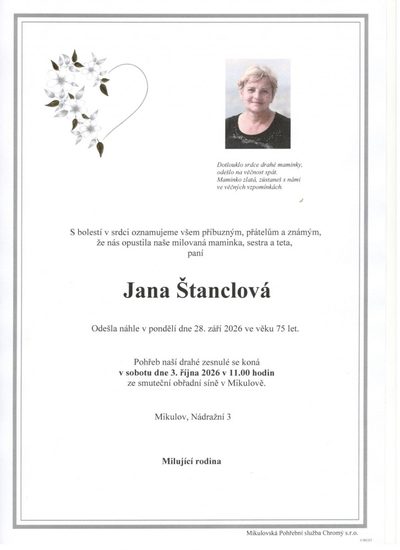 Smuteční oznámení – Jana Štanclová