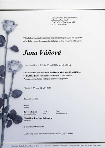 Smuteční oznámení – Jana Váňová