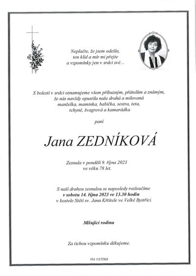 Smuteční oznámení – Jana Zedníková