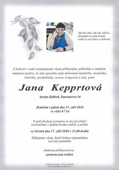Smuteční oznámení – Janna Kepprtová