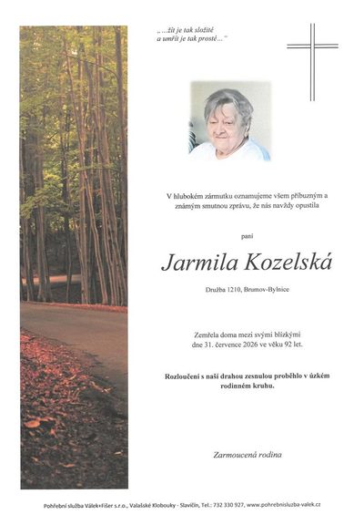 Smuteční oznámení – Jarmila Kozelská