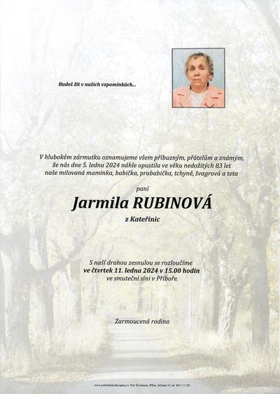 Smuteční oznámení – Jarmila Rubinová