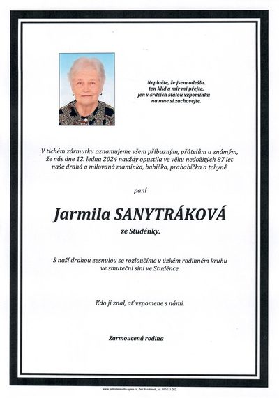 Smuteční oznámení – Jarmila Sanytráková