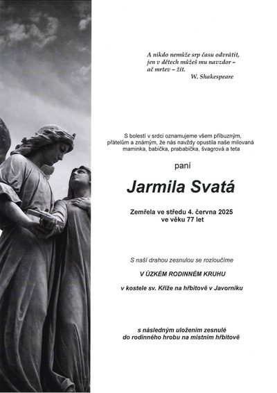 Smuteční oznámení – Jarmila Svatá
