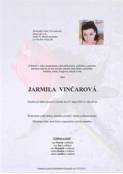 Smuteční oznámení – Jarmila Vinčarová