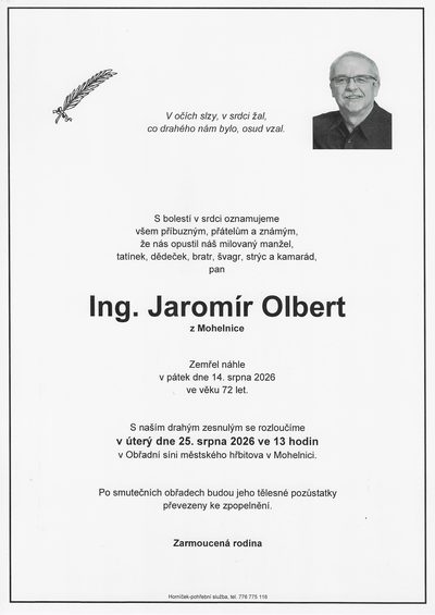 Smuteční oznámení – Ing. Jaromír Olbert