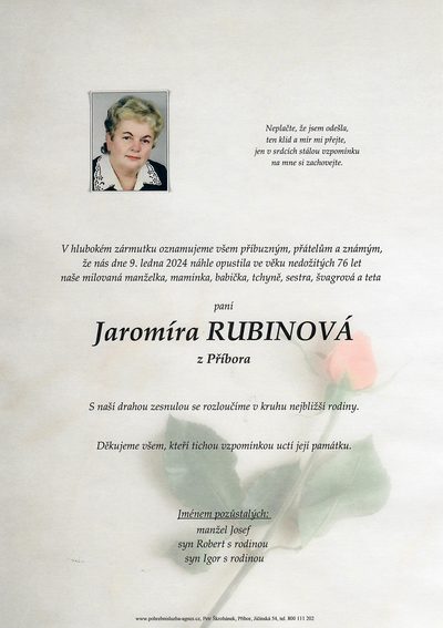 Smuteční oznámení – Jaromíra Rubinová