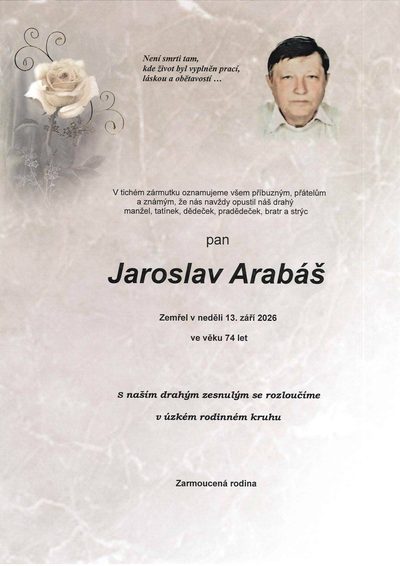Smuteční oznámení – Jaroslav Arabáš