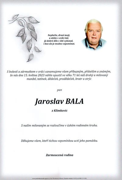 Smuteční oznámení – Jaroslav Bala