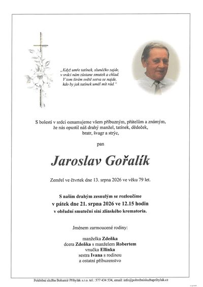 Smuteční oznámení – Jaroslav Gořalík
