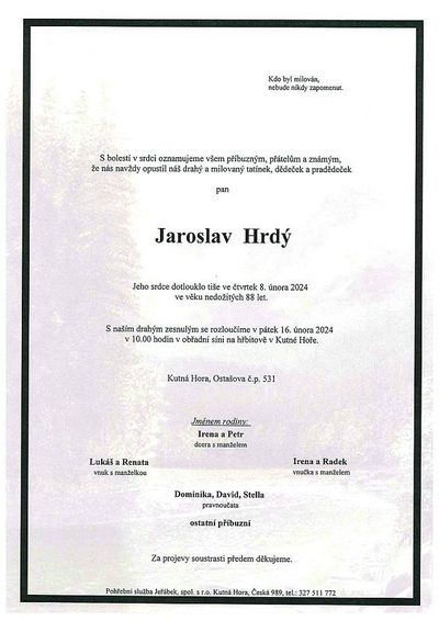 Smuteční oznámení – Jaroslav Hrdý