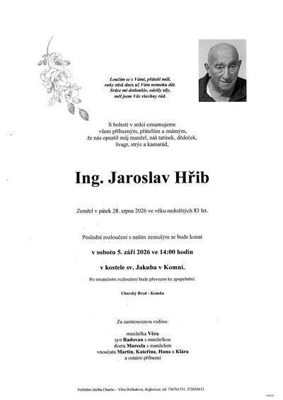 Smuteční oznámení – Ing. Jaroslav Hřib