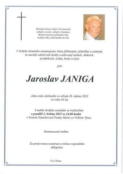 Smuteční oznámení – Jaroslav Janiga