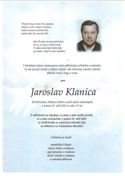 Smuteční oznámení – Jaroslav Klanica