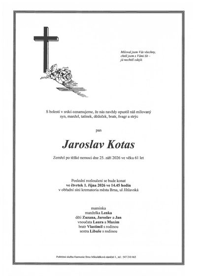 Smuteční oznámení – Jaroslav Kotas