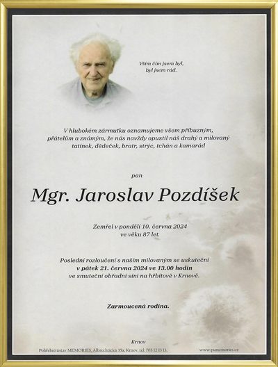 Smuteční oznámení – Mgr. Jaroslav Pozdíšek