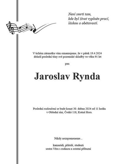 Smuteční oznámení – Jaroslav Rynda