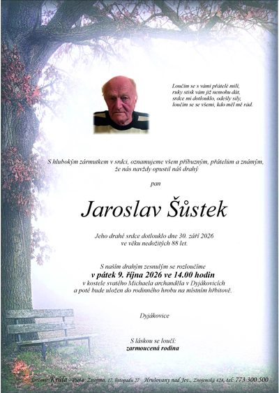 Smuteční oznámení – Jaroslav Šůstek