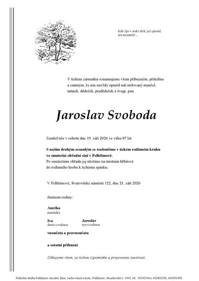 Smuteční oznámení – Jaroslav Svoboda