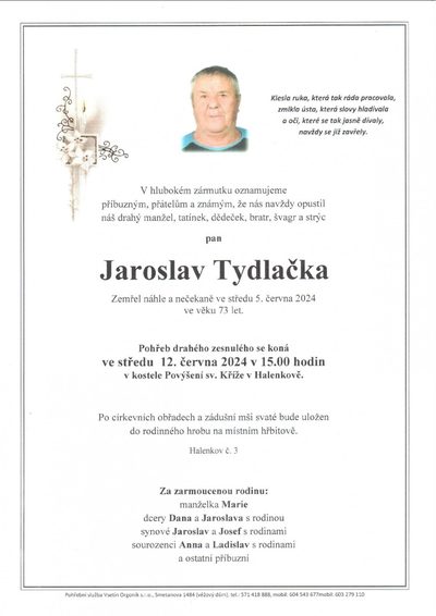 Smuteční oznámení – Jaroslav Tydlačka