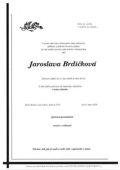 Smuteční oznámení – Jaroslava Brdičková