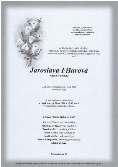 Smuteční oznámení – Jaroslava Fišarová