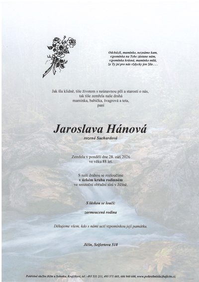 Smuteční oznámení – Jaroslava Hánová