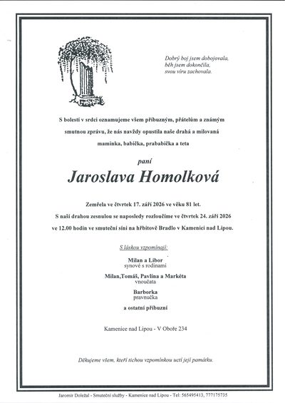 Smuteční oznámení – Jaroslava Homolková