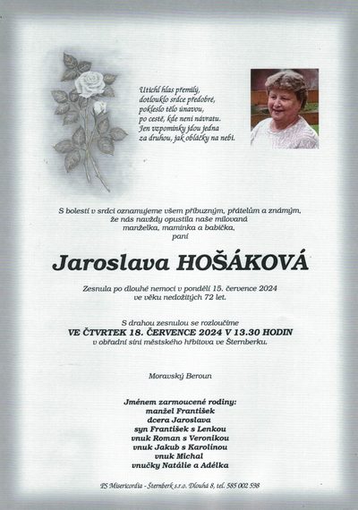 Smuteční oznámení – Jaroslava Hošáková