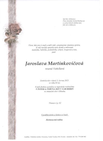Smuteční oznámení – Jaroslava Martinkovičová