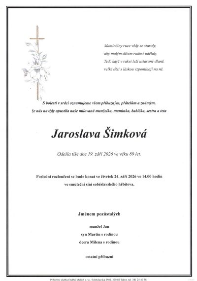 Smuteční oznámení – Jaroslava Šimková