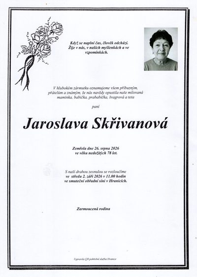 Smuteční oznámení – Jaroslava Skřivanová
