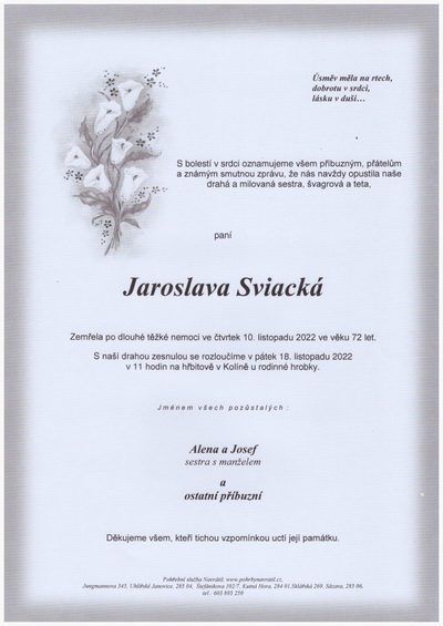 Smuteční oznámení – Jaroslava Sviacká