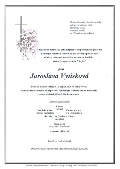 Smuteční oznámení – Jaroslava Vytisková