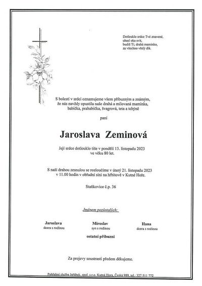 Smuteční oznámení – Jaroslava Zeminová