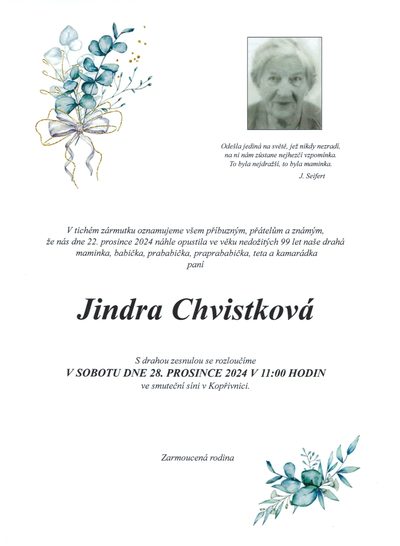 Smuteční oznámení – Jindra Chvistková
