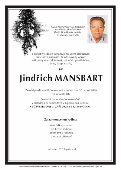 Smuteční oznámení – Jindřich Mansbart