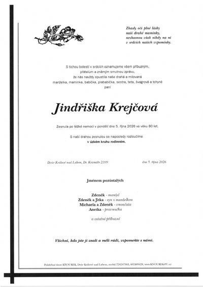 Smuteční oznámení – Jindřiška Krejčová