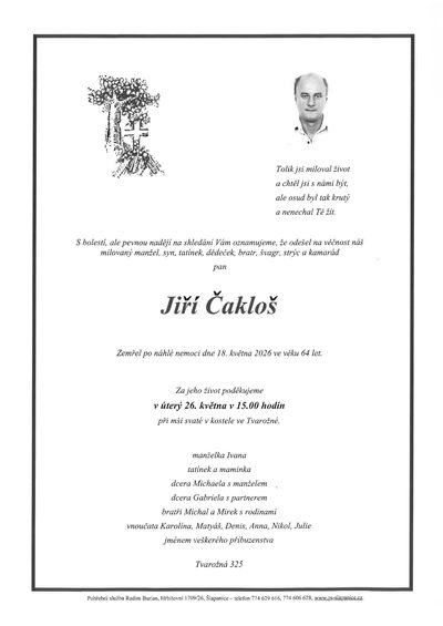 Smuteční oznámení – Jiří Čakloš