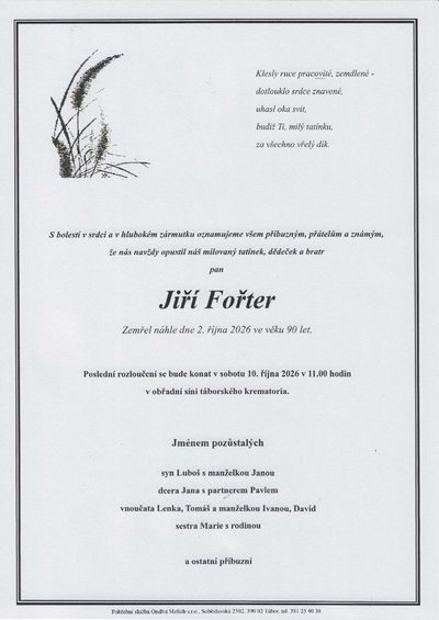 Smuteční oznámení – Jiří Fořter