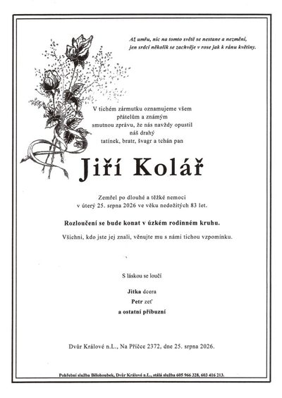Smuteční oznámení – Jiri Kolar