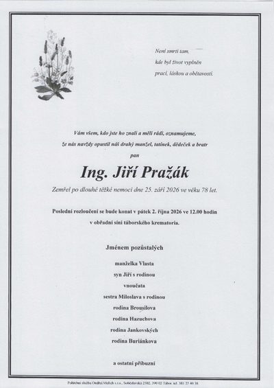 Smuteční oznámení – Ing. Jiří Pražák
