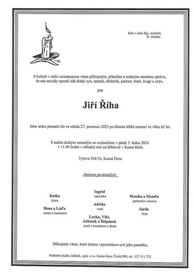 Smuteční oznámení – Jiří Říha