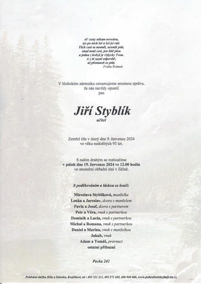 Smuteční oznámení – Jiří Styblík
