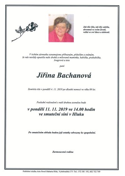 Smuteční oznámení – Jiřina Bachanová