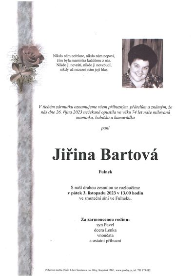 Smuteční oznámení – Jiřina Bartová