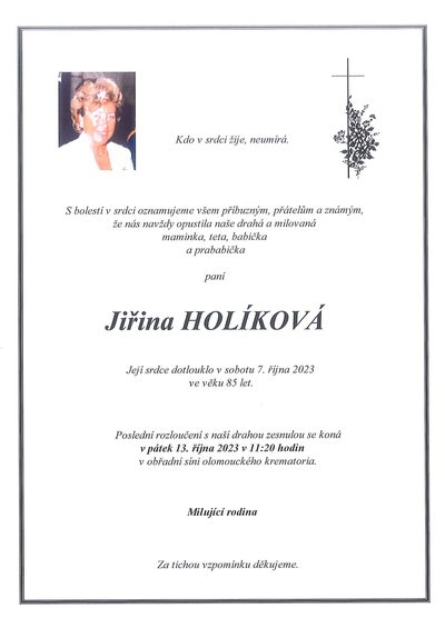 Smuteční oznámení – Jiřina Holíková