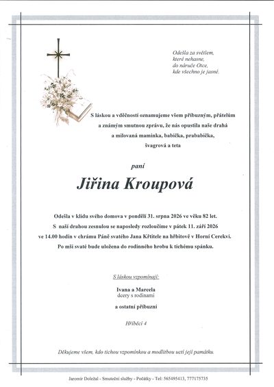 Smuteční oznámení – Jiřina Kroupová