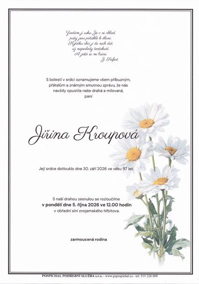 Smuteční oznámení – Jiřina Kroupová